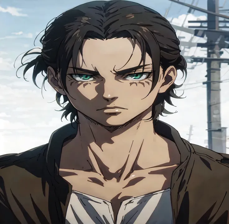 anime character with green eyes and long hair standing in front of a pole, portrait of eren yeager, eren yeager, anime handsome man, handsome guy in demon slayer art, male anime character, eren jaeger, anime portrait of a handsome man, tall anime guy with ...