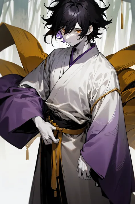 1male , black hair , gold eyes , messy hair , pale skin , white and black haori slightly short sleeves and long sleeves underneath , standing in forest background , facing viewer, somber expression ,Gojo Clothing , purple wrapped belt , lean build