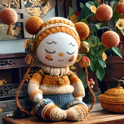 cute knitted doll，in the room，（（（chinese new year decoration））），smiley face，many flowers（（（masterpiece）））， （（best quality））， （（i...