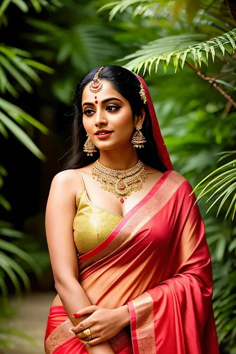 Devi Durga, in a serene and blessing mood, gracefully covers her belly with a vibrant saree. The soft, flowing fabric drapes elegantly over her curves, concealing and revealing in equal measure. Her dark, almond-shaped eyes are closed in peaceful contempla...