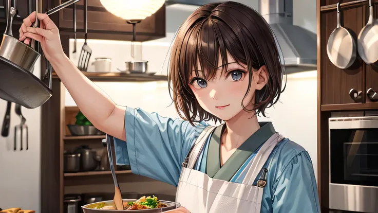 masterpiece, highest quality, 1 girl, (cooking),Moderately, gorgeous face, mix of japan and russia, brown hair, short hair, kitchen, casual clothes, apron,