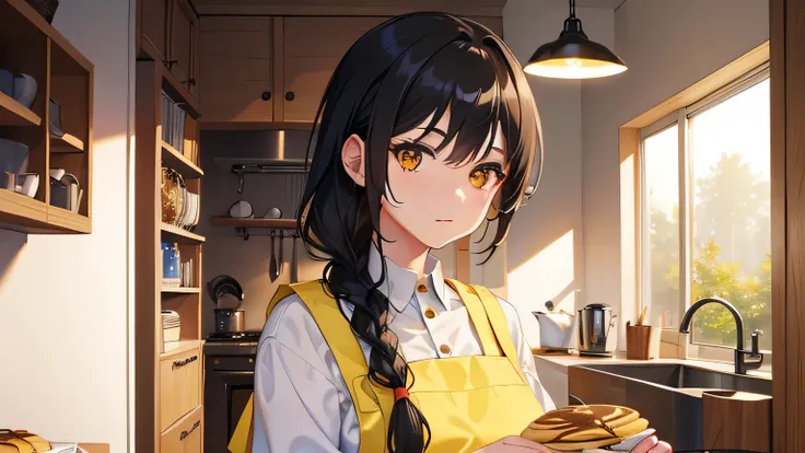 1 female, her black hair is tied up in a braid., golden eyes, kitchen, make pancakes, Wearing a pastel yellow apron.