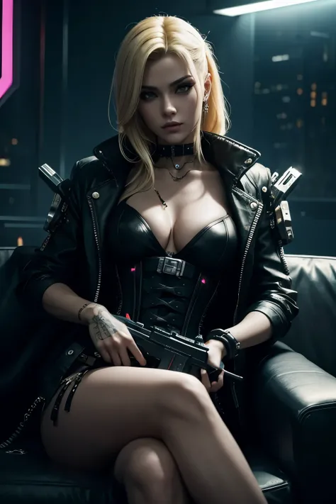 blonde woman in corset sitting on couch with gun, cyberpunk angry gorgeous goddess, Cyberpunk Style, rococo cyberpunk, seductive cyberpunk dark fantasy, Cyberpunk 2 0 y. o model girl, cyberpunk aesthetics, Cyberpunk girl, has cyberpunk style, beautiful cyb...