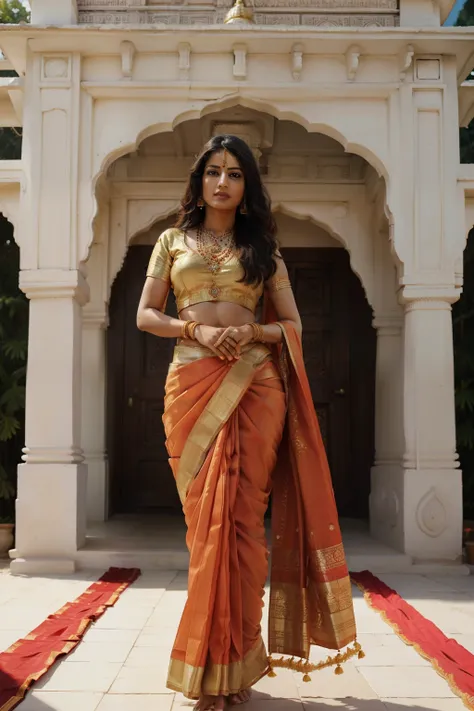 (Best quality, Ultra HD, Traditional Indian Attire: 1.5), Sunlit Photo, Epic, Revered Goddess Debi Durga, Graceful Saree Draped, Intricately Designed, Traditional Jewelry, (Golden Temple: 1.2), Kids Playing Nearby, Devotees In Prayer, Lush Green Gardens, S...