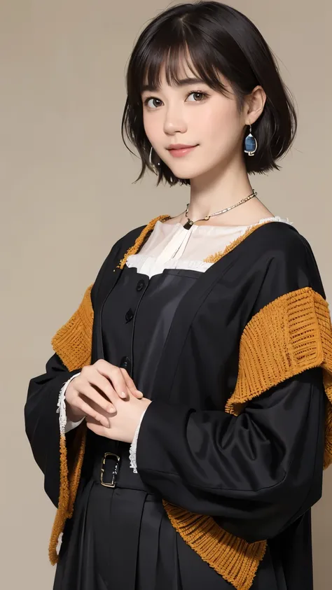 181 short hair, 20 year old female, gentle smile, (rembrandt style painting), (chest:1.2), long sleeve clothes
