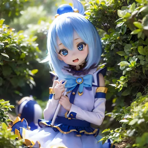 (a young girl and) blue hair, (wearing) a white and blue dress, (holding) staff, (standing) In the midst of lush greenery, lively garden, (and) colorandりどりの花 (bloom) around her, (Down) clear blue sky.
(Portrait) girl&#39;s, (realistic) rendering, (and) (Su...