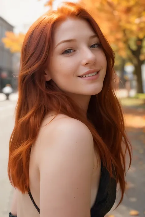 (a closeup of a, Editorial photo of a 21-year-old red-haired woman), (Highly detailed face:1.4) (Smile:0.7) (The background inside is autumn, The street is sunny, private study:1.3) ass pov, Nikon D850, film stock photograph ,4 Kodak Portra 400 ,camera f1....