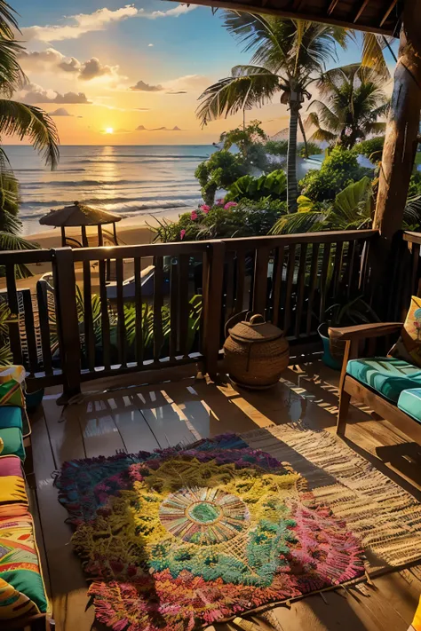 Picture a beautiful beach house with vibrant colors and intricate details, situated on a tropical coastline. The sun is setting on the horizon, casting a warm, golden glow over the scene. Reggae music plays in the background, adding to the peaceful and rel...