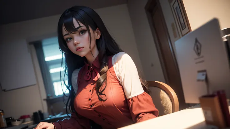 Uma deslumbrante personagem de anime se destaca, envolta em uma aura de arte digital de alta qualidade. Vestindo uma blusa vermelha que destaca sua figura, she emerges from the virtual world with a captivating and realistic expression, capturing the essenc...