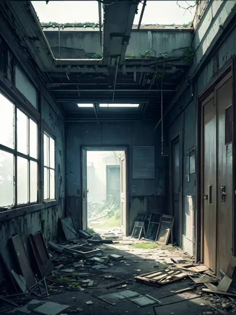 Entrada of an Abandoned Hospital,decaying,desolate,overgrown with plants,haunting atmosphere,dark and eerie,cracked windows,moss-covered walls,dilapidated entrance,fallen leaves,stained floors,ghostly atmosphere,abandoned medical equipment,old hospital sig...