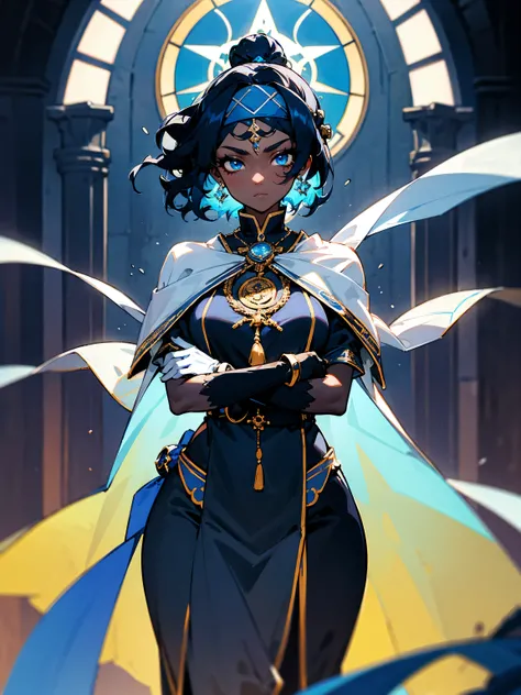 1female, dark skin, azure hair, wavy hair, headband, short hair, top knot, azure eyes, earrings, black priestess outfit, long white gloves, church, nervous expression, masterpiece quality          