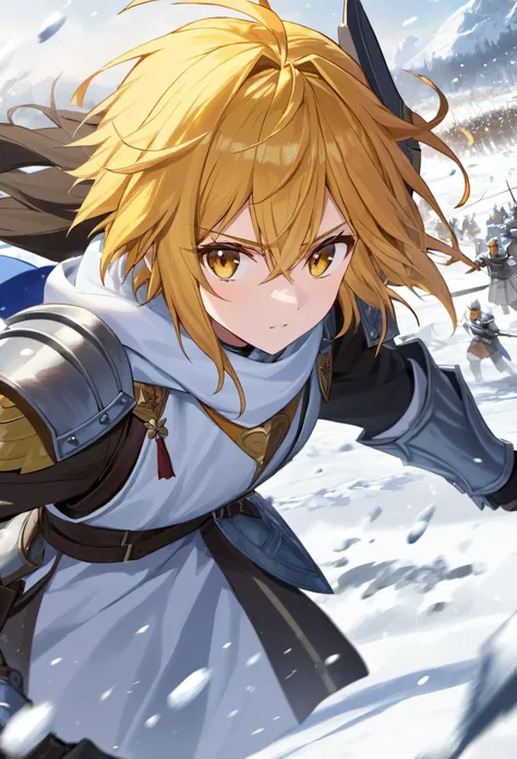 masterpiece Yellow-haired young king, analyst type, snowy battlefield, in battle armor with a katana.