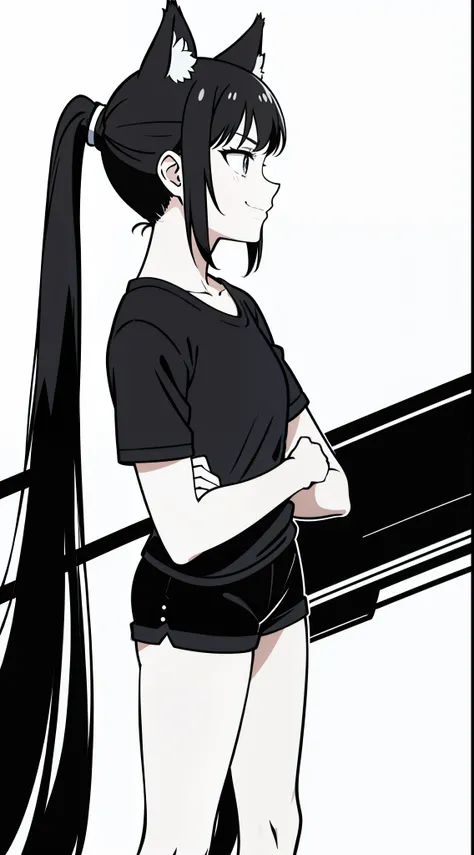 (1girl,16 years old),solo,angry,black hair,ponytail hair,short hair,fox ears,black shirt,short sleeves,black shorts,cowboy shot,(white background,line drawing),serious,standing,crossed arms,profile,separated lips,smile