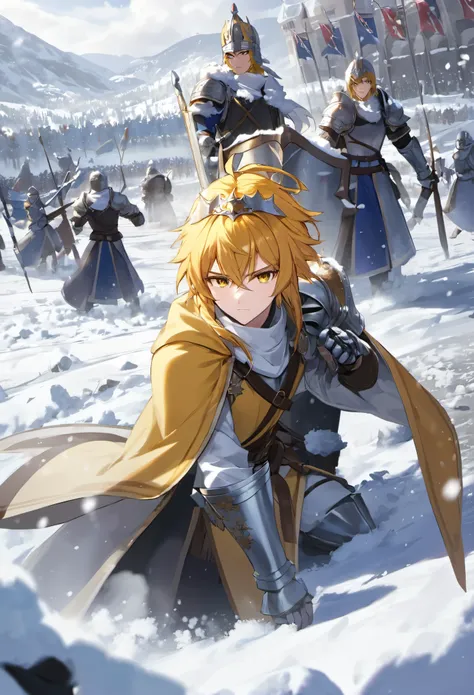 masterpiece Yellow-haired young king, analyst type, snowy battlefield, in battle armor with a katana.