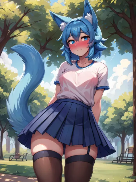 (Masterpiece) (High Detail) (High Res) A close up of a Short slim Humanoid Girl with pale human skin and blue eyes and long blue hair and blue dog ears and a fluffy blue dog tail and medium breasts. She is stood in the park and is wearing a t-shirt and a n...