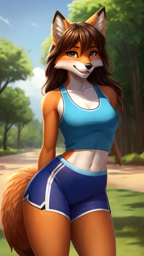 Fox, female, sports top, sport shorts, brunette, interested, happy, blushing, thick thighs, wide hips, small waist, outdoors, (anthro furry:1.3, snout:1.2, anthro:1.3, furry:1.2, female:1.2, fox tail) adorable, feminine, extremely detailed, Cinematic, capt...