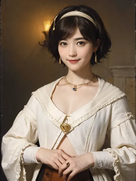 181 short hair, 20 year old female, gentle smile, (rembrandt style painting), (chest:1.2), long sleeve clothes
