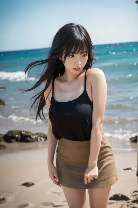 highest quality,masterpiece,32k,realistic,incredibly absurd,Depth of the bounds written、blur background、professional lighting,cinematic lighting,full body,thin,きれいなDay本人女性の写真,25 year old girl,bent down,sandy beach,Wind,Day,nice weather,long hair,black hair...