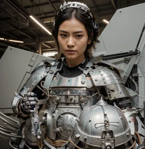 Beautiful warrior woman, Japanese face, Short black hair, traditional Japanese hairstyle, Modern cybernetic Japanese samurai style cyborg full heavy metal armor in white color with red details, Under the armor she wears beige military uniform, holds a mode...