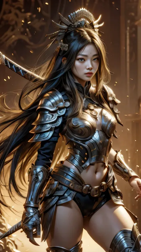 chinese female warlord, nsfw, navel, hair ornament, shoulder armor, boots armor,  war halberd, long hair, high tail hair