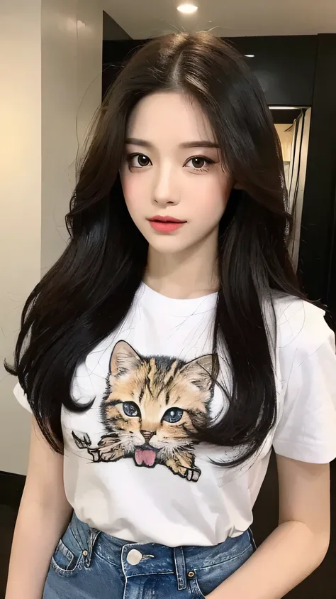 （lifelike， High resolution：1.3）， 1 girl with perfect figure， The face shape and eyes are super delicate，long hair， Stylish short sleeves：1.2， Short jeans，black patterned clothes（Cartoon pictures、kitten、Lovely），