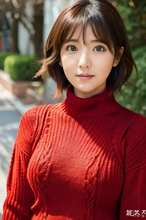 Ayase Haruka　Big eyes　big breasts　Red knit turtleneck sweater with an open chest　cleavage　shoulder exposure