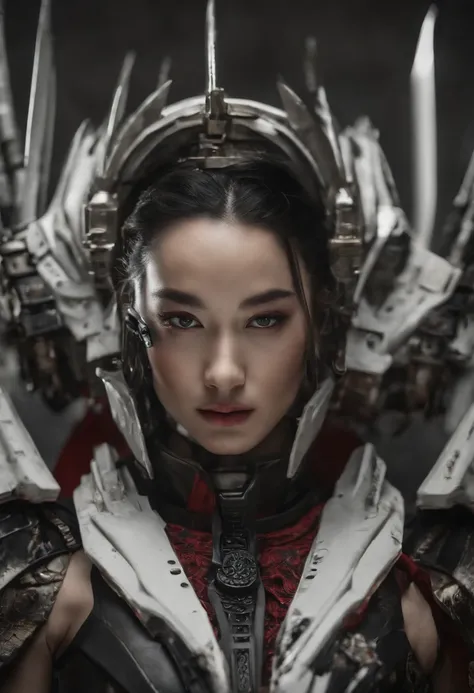 Beautiful warrior woman, Japanese face, Short black hair, traditional Japanese hairstyle, Modern cybernetic Japanese samurai style cyborg full heavy metal armor in white color with red details, Under the armor she wears beige military uniform, holds a mode...