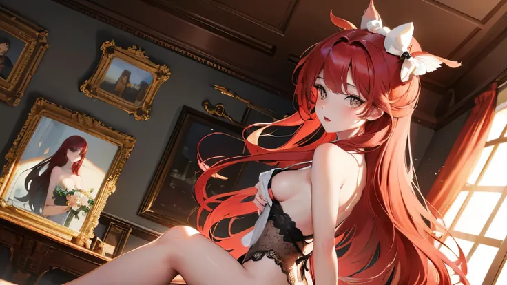 red long hair, masterpiece work, best quality, high resolution;,Improved detail，best quality，Perfect image quality，beautiful and sexy, first person view, small spots under the eyes , pretty, 큰 chest, 8K, ,chest 크게, pure white skin, chest, Beloved, exciteme...