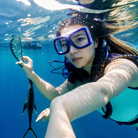 A woman with long permed hair is snorkeling in the sea、Catching fish with a harpoon , highest quality, very detailed, sea background、Aiming for flounder with a harpoon、Photo of