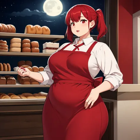 Chubby, thicc, beautiful face, ruby red hair, red eyes, ruby red lips, large chest, chubby, thicc waist, thicc thighs, red apron, white shirt, (bakery shop background), (moonlight night)