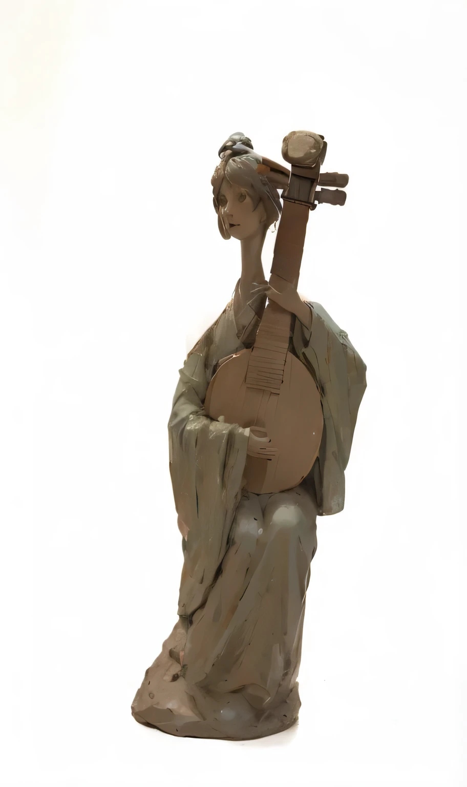 Sculpture of woman holding pipa，musician, Ceramic Figure Studio Photo, single clay museum sculpture, clay sculpture, detailed Clay model, 3D Clay Figure, Clay model, Add details, Inspired by Hoichi Sakai, ceramic statue, head and shoulder shot, musicians