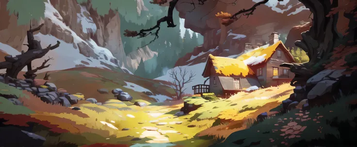 There is a painting of a house in the woods, some details. digital painting, color study,  Cottage in the woods, background art, Warm color artistic interpretation, gouache matte painting, Depicted as game concept art, Animation pastoral scenery, a number,...