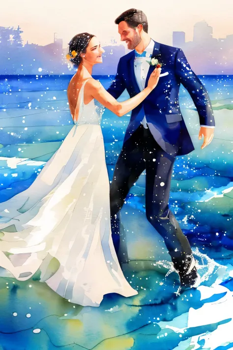 blurred picture style, wet-in-wet, watercolor style, best quality, 8k, only white and blue colors, people dancing on the sea surface