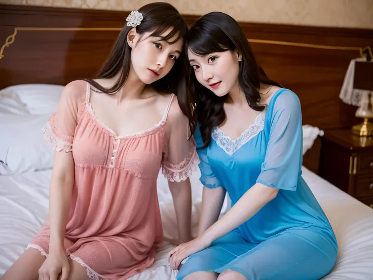 45 year old mother and 22 year old daughter in European palace bedroom。Both of them are wearing thin, short camisole nightgowns.。I&#39;m seducing you and pleading with you。photograph