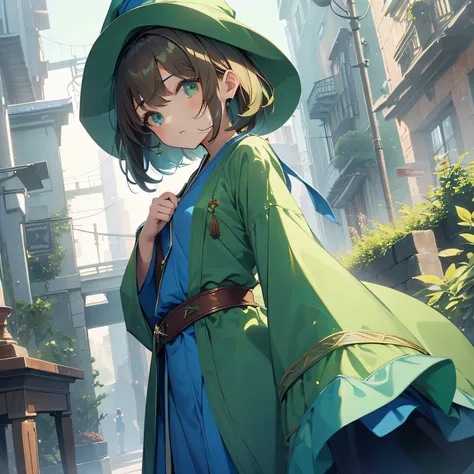 
highest quality、very delicate and beautiful、((teenage girl))、green eyes、Same goes for small breasts、short hair、Brown hair mixed in、short hair、(Green Wizard Hat)、（a large blue ribbon on the head）I、green clothes、long sleeve、Red brooch on the neck、((green cl...