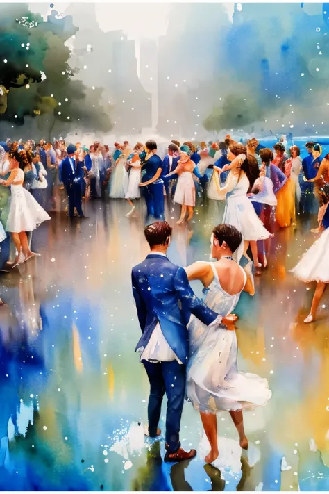 blurred picture style, wet-in-wet, watercolor style, best quality, 8k, only white and blue colors, people dancing on the sea surface