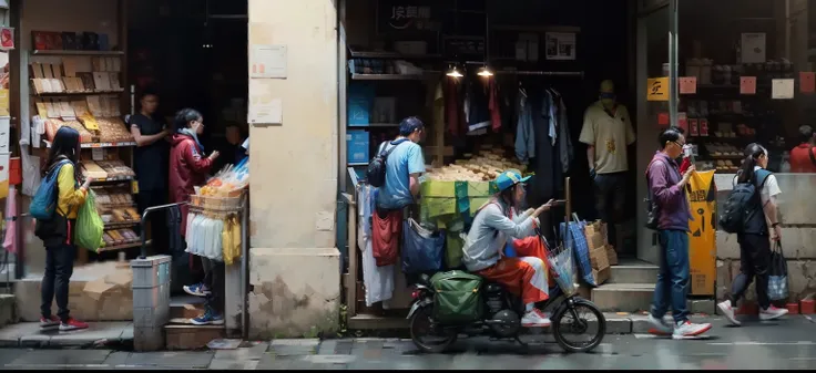 到处都是passers-by, people shopping, urban street fashion, clothing store, streetwear, looks smart, colorful clothes, many shops, on city streets, passers-by，行量的passers-by，People who ride bicycles，oil painting style，