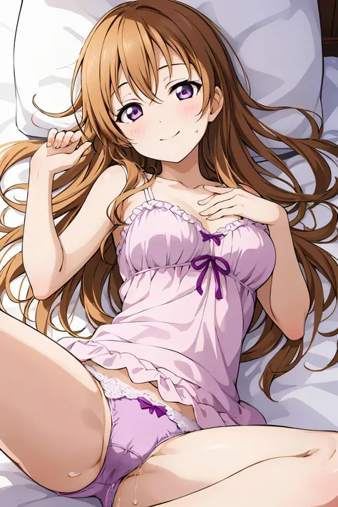 (best quality, masterpiece:1.2), (1girl, solo:1.2), cute, smile,  (looking at viewer, solo focus:1.2), light on face, cowboy shot
Kanata konoe, long hair, purple eyes, blonde hair, straight hair, purple negligee,, masterpiece:1.5, high quality, purple fril...