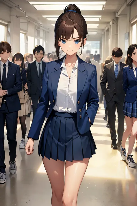 ((best quality)), ((masterpiece)), (detailed), (((perfect face))), ((slender 16yo teen girl walking)), (((girl wearing short tight dark blue jacket, white button up shirt))), (((dark blue pleated skirt))), ((brunette, brown hair)), ((blue eyes)), ((ponytai...