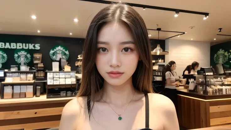 ((highest quality、8K、masterpiece:1.3))、sharp focus:1.2、beautiful woman with perfect body:1.4、(Inside the Starbucks store:1.2)、Highly detailed face and skin texture、 detailed eye、double eyelid、tanned skin、Japanese idol、tanned wheat-colored skin,portrait pho...