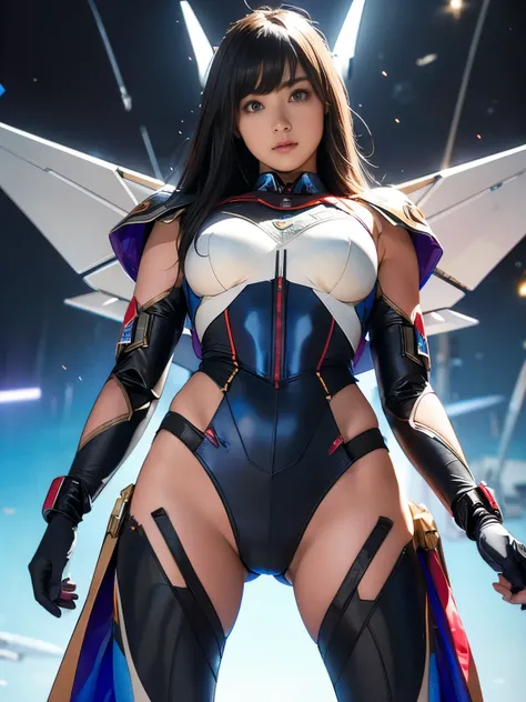 ((best quality)), ((Steel Maiden&#39;masterpiece)), (Very detailed:1.3), 3d, beautiful, (cyberpunk:1.2), in space, vague, Keep_arms, laser, (1女の子Mecha:1.3), Sexy figure, Facing the audience, bright blue Eye, whole body, black hair, (flight, descending orde...