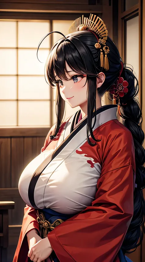 (8K、highest quality、masterpiece)、Taisho era、japanese kimono、beautiful adult woman、elegant,((Super huge　Huge　Huge　Huge胸)),pensive、boredom、sentimental、suffocate、enlightened smile、long black hair、Ahoge、braid ponytail、muscle tissue、muscular beauty、muscle beaut...