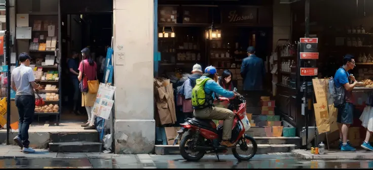 到处都是passers-by, people shopping, urban street fashion, clothing store, streetwear, looks smart, colorful clothes, many shops, on city streets, passers-by，行量的passers-by，People who ride bicycles，oil painting style，