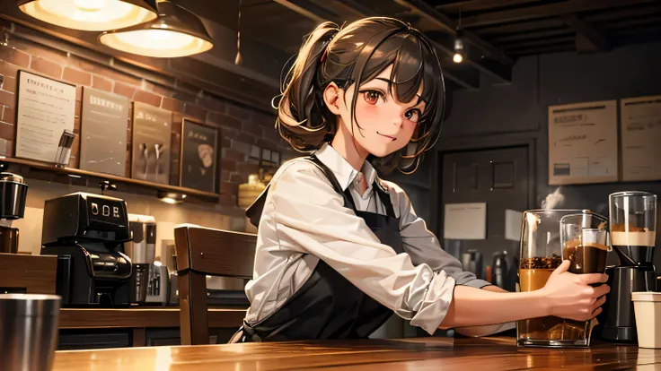 (table top), highest quality,  girl working at a coffee shop, She is making coffee in a machine, Coffee making, perfect face, expressive eyes, brown apron, Coffee shop seen from inside, tied hair,red eyes, pretty girl, comfortable, (night), realistic, 4k, ...