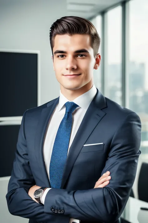 A 21-year-old young man, dressed in a sharp suit and tie, exudes confidence as he poses for the photoshoot, (self-assured expression), ((efficient workspace behind)), ((smart and stylish)), (suitable for business or formal setting), (well-groomed), (polish...