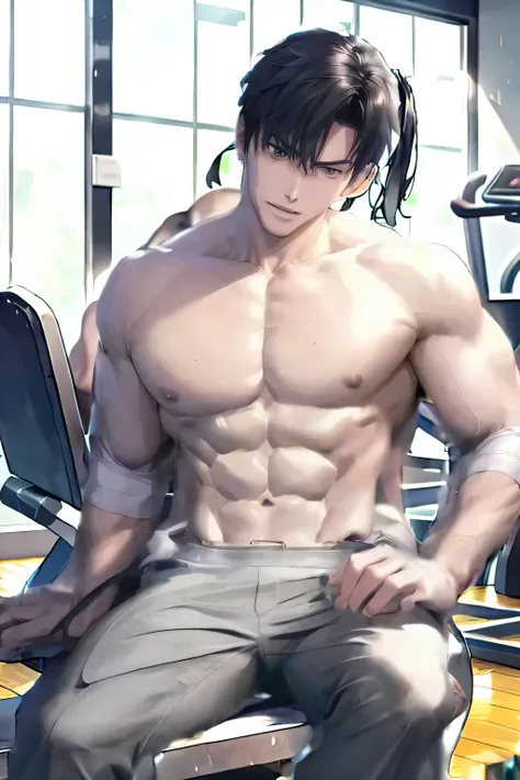 Training gym in the back,fitness,Bodybuilding gym in the back,kitten sitting on a bench,indoor,Training equipment in the back