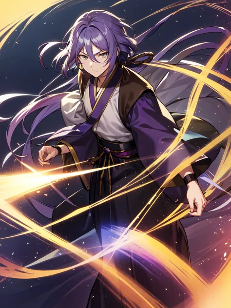 masterpiece, best quality, highres, anime, male, 1man, purple hair, hakama, yellow eyes, long hair, lanlingwang