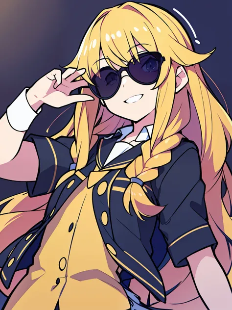 (highest quality、masterpiece:1.2) ((1 girl wearing sunglasses)) golden hair、Braid (school uniform) (flat chest) beautiful hair (smile) ((sunglasses that cover the eyes))