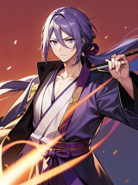 masterpiece, best quality, highres, anime, male, 1man, purple hair, tied hair, hakama, yellow eyes, lanlingwang, neutral face, simple background