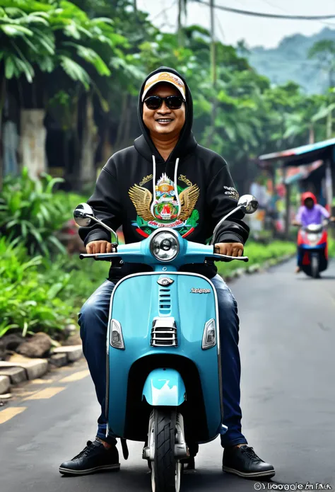 Foto karikatur 3D seorang Santri pakai Songko hitam, memakai hoodie bertuliskan Salman, mengendarai motor vespa klasik di jalan aspal, dengan background pondok pesantren Sidogiri, gambar realistis, detail full ultra hd. Gunakan penyaji RenderMan. 3D. seni ...